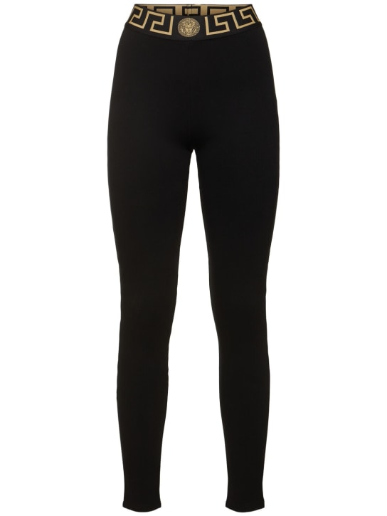 Versace: Logo jersey leggings - Black - women_0 | Luisa Via Roma