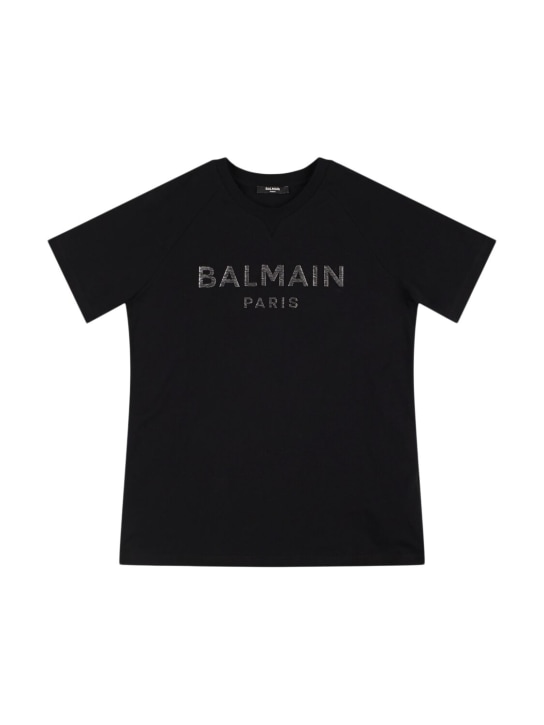 Balmain: T-shirt in jersey di cotone con logo - Nero/Argento - kids-girls_0 | Luisa Via Roma