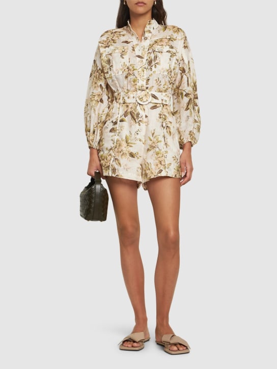 Zimmermann: Golden printed linen belted playsuit - Multi Sage - women_1 | Luisa Via Roma