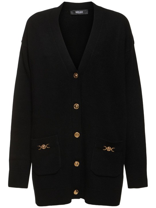 Versace: Lange Strickjacke mit Medusa-Logo - Schwarz - women_0 | Luisa Via Roma