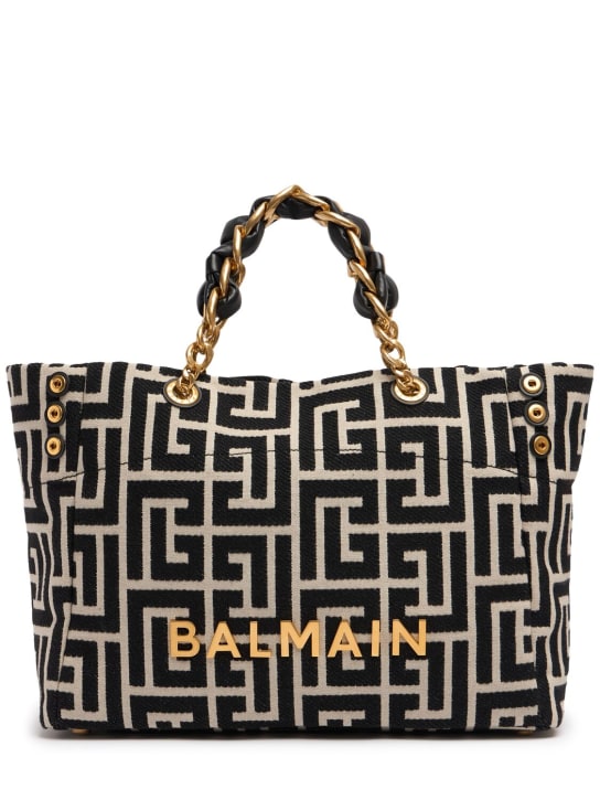 Balmain: 1945 soft cabas monogram jacquard bag - Ivoire/Noir - women_0 | Luisa Via Roma