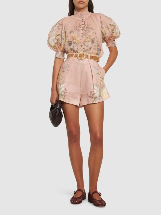 Zimmermann: Waverly printed linen belted tuck shorts - Pink/Multi - women_1 | Luisa Via Roma