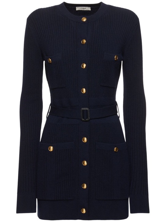 Chloé: Cardigan in maglia di misto lana / cintura - Navy - women_0 | Luisa Via Roma