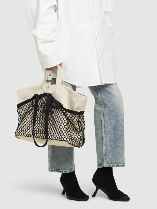 Balenciaga: Medium 24/7 canvas & fishnet tote bags - Natural/Black - women_1 | Luisa Via Roma