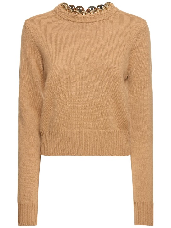 Rabanne: Wool & cashmere knit sweater w/chain - Camel - women_0 | Luisa Via Roma