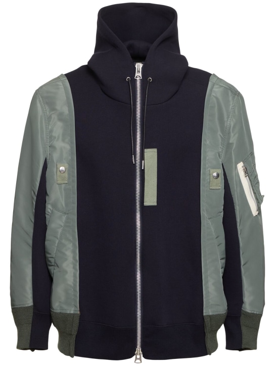 Sacai: Padded nylon twill & sponge jacket - Navy×b/Khaki - men_0 | Luisa Via Roma