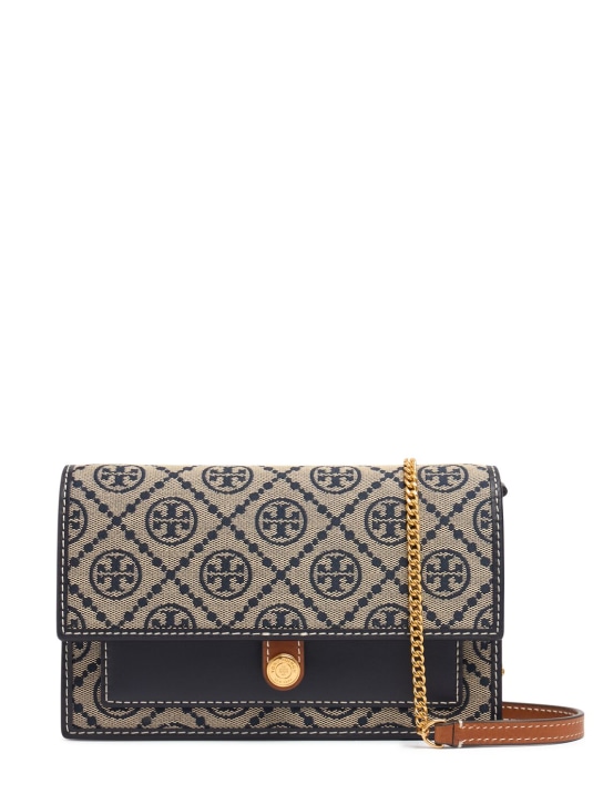 Tory Burch: Portafoglio in cotone T Monogram con catena - Navy - women_0 | Luisa Via Roma