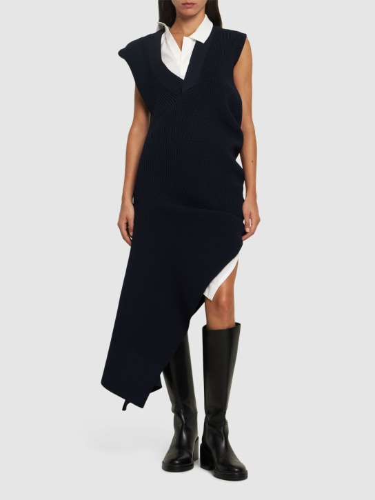 Sacai: Knit asymmetric midi dress - Navy - women_1 | Luisa Via Roma