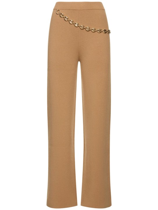 Rabanne: Wool & cashmere knit pants w/chain - Camel - women_0 | Luisa Via Roma