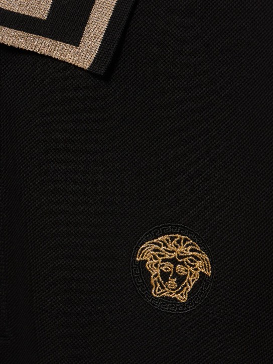 Versace: Greca lurex cotton piquet polo - Black/Gold - men_3 | Luisa Via Roma