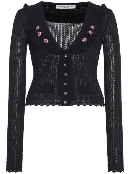 Alessandra Rich: Top in maglia di lana con ricami - Nero - women_0 | Luisa Via Roma