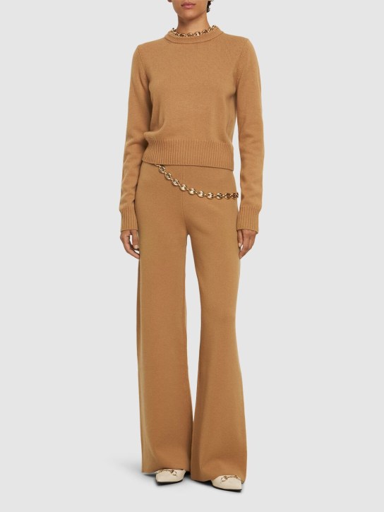 Rabanne: Wool & cashmere knit pants w/chain - Camel - women_1 | Luisa Via Roma