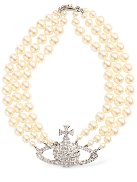 Vivienne Westwood: Three row faux pearl bas relief choker - Cream/Silver - women_0 | Luisa Via Roma