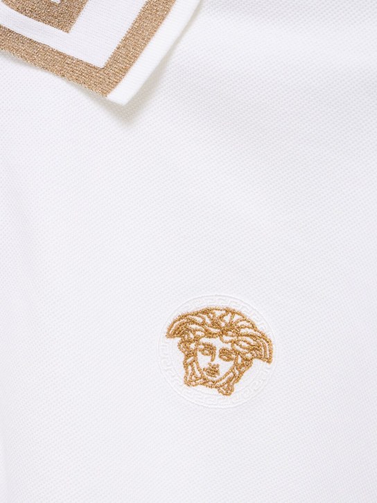 Versace: Greca lurex cotton piquet polo - White/Gold - men_3 | Luisa Via Roma