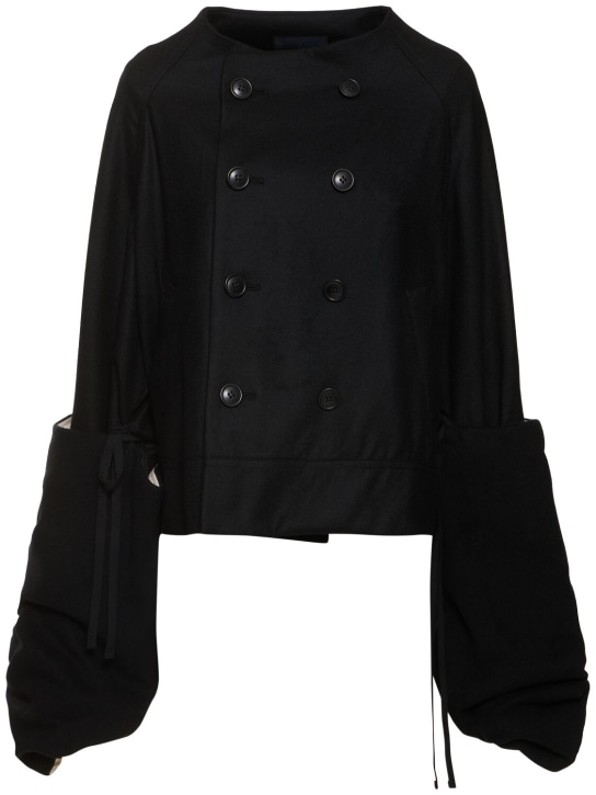 Yohji Yamamoto: Short peacoat w/ furry sleeves - Black - women_0 | Luisa Via Roma