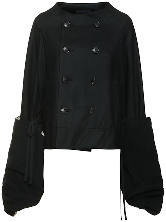 Yohji Yamamoto: Short peacoat w/ furry sleeves - women_0 | Luisa Via Roma