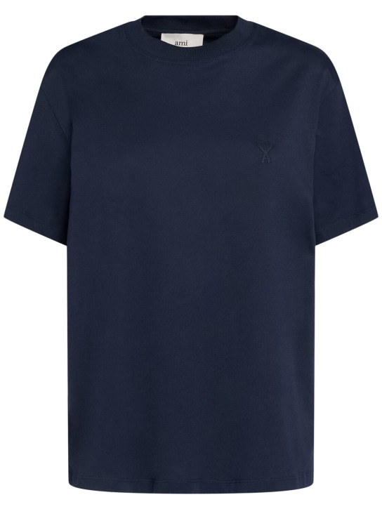 AMI Paris: T-shirt Adc in jersey di cotone con logo - Blu Notte - women_0 | Luisa Via Roma