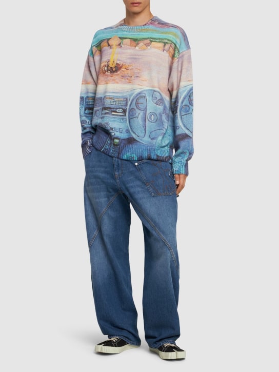 JW Anderson: Printed wool blend knit sweater - Cornflower Blue - men_1 | Luisa Via Roma