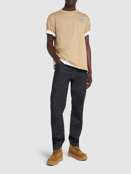 Moncler: Logo cotton jersey t-shirt - Beige - men_1 | Luisa Via Roma