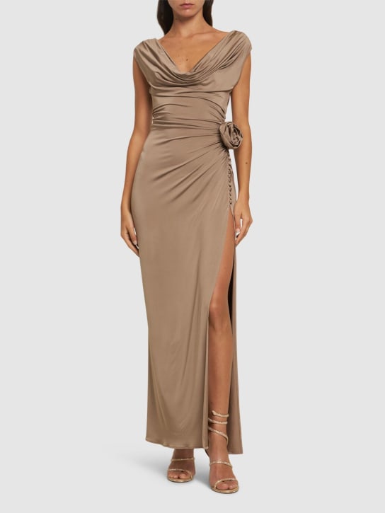 Magda Butrym: Draped viscose jersey midi dress w/rose - Dark Beige - women_1 | Luisa Via Roma