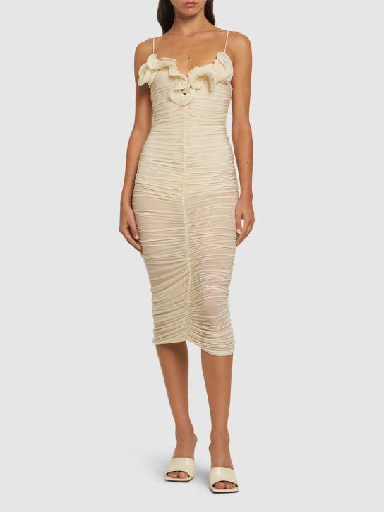 Magda Butrym: Draped viscose jersey midi dress w/roses - Ivory - women_1 | Luisa Via Roma