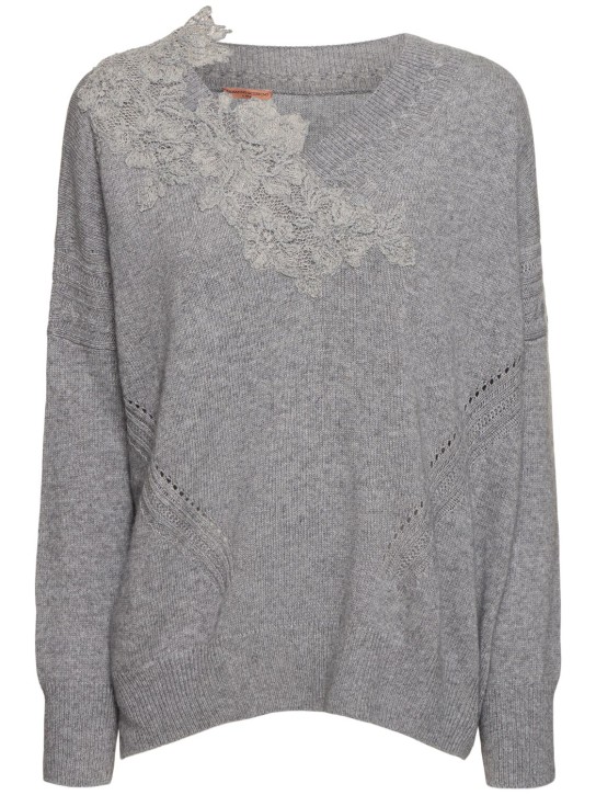 Ermanno Scervino: Embroidered knit v-neck sweater - Grey - women_0 | Luisa Via Roma