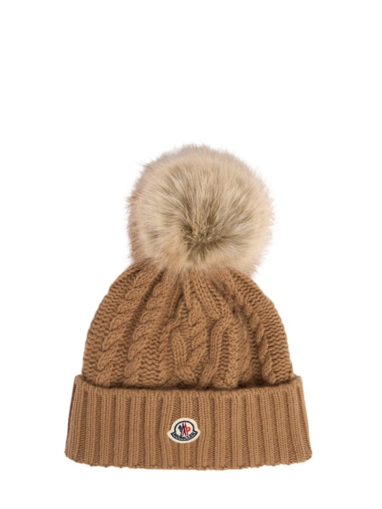 Moncler: Virgin wool blend beanie w/ pompom - Military Green - women_0 | Luisa Via Roma