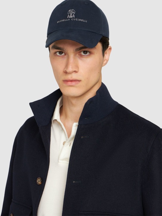 Brunello Cucinelli: Cotton gabardine logo baseball hat - Navy - men_1 | Luisa Via Roma