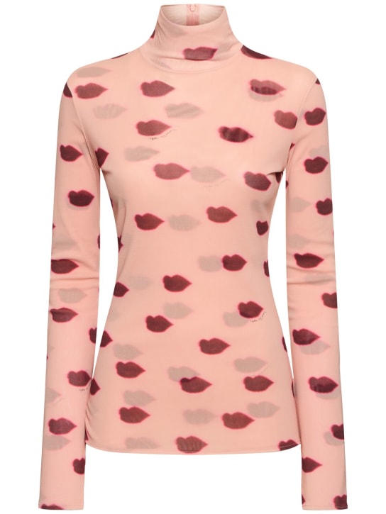 Stella McCartney: Lip print mesh turtleneck - Pink/Multi - women_0 | Luisa Via Roma