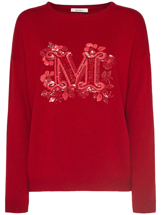 Max Mara: Quota logo knit crewneck sweater - Red - women_0 | Luisa Via Roma
