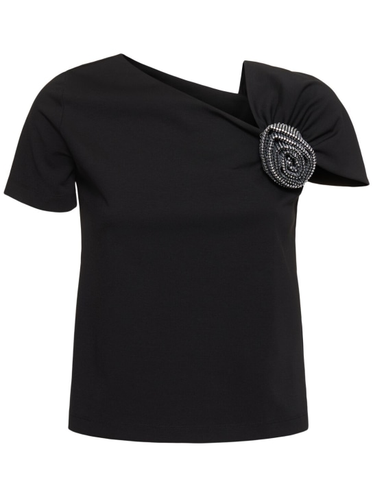 Giuseppe Di Morabito: Embellished cotton blend top w/ rose - Black - women_0 | Luisa Via Roma