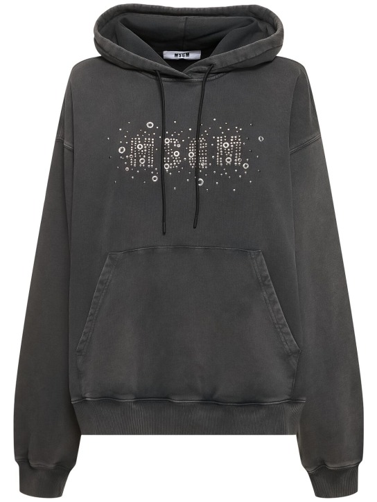 MSGM: Embellished cotton jersey logo hoodie - Black - women_0 | Luisa Via Roma