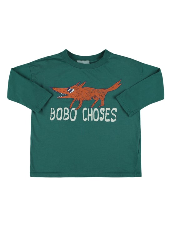 Bobo Choses: Fox print organic cotton t-shirt - Dark Green - kids-girls_0 | Luisa Via Roma