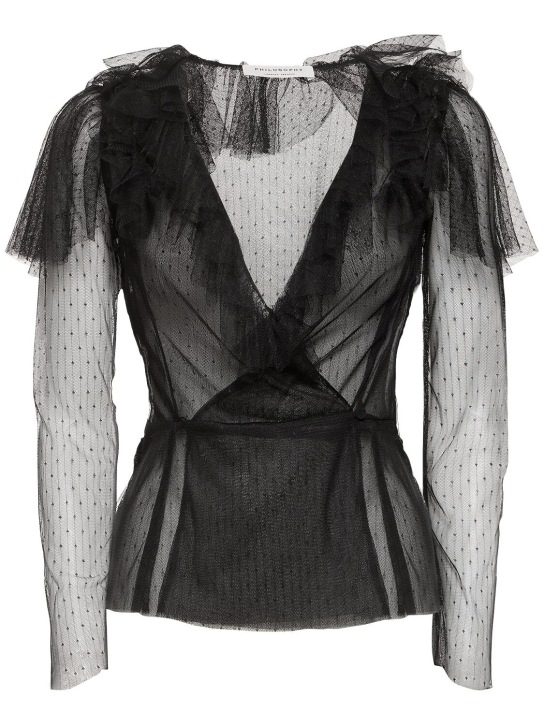 Philosophy Di Lorenzo Serafini: Ruffled tulle shirt - Black - women_0 | Luisa Via Roma