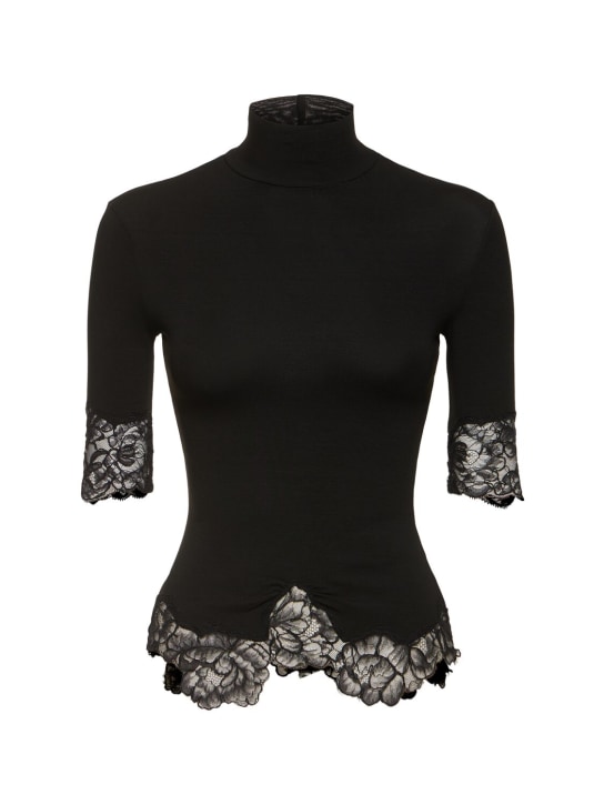 Ermanno Scervino: Short sleeve embroidered t-neck sweater - Black - women_0 | Luisa Via Roma