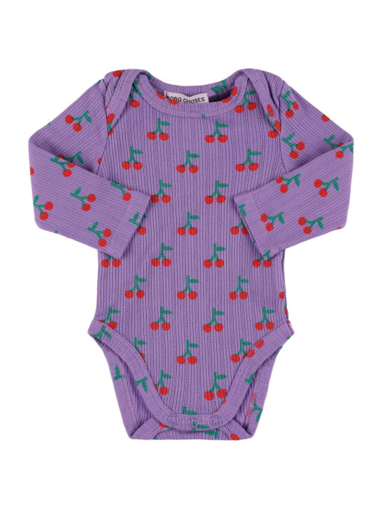 Bobo Choses: Cherry print organic cotton bodysuit - Purple - kids-girls_0 | Luisa Via Roma