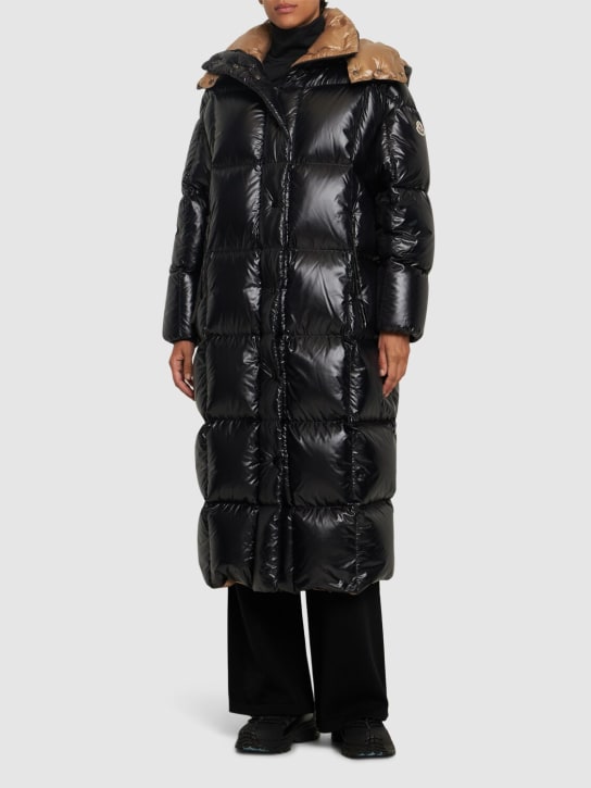 Moncler: Parnaiba nylon laqué long down jacket - Black - women_1 | Luisa Via Roma