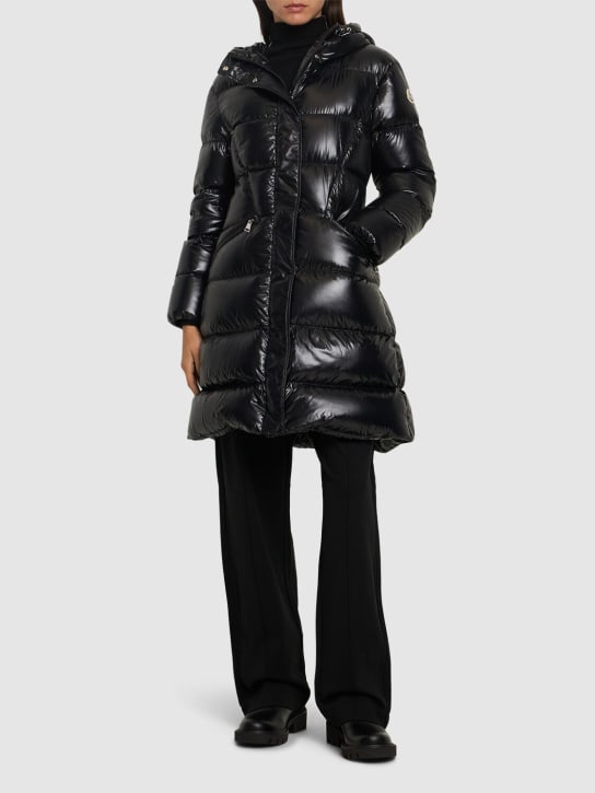 Moncler: Bellevue nylon laquè down long  jacket - Black - women_1 | Luisa Via Roma