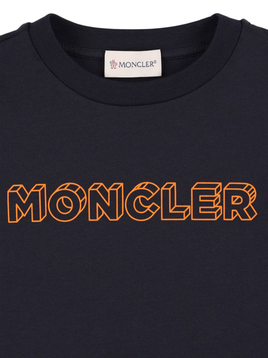 Moncler: T-shirt in jersey di cotone con logo - Blu Notte - kids-boys_1 | Luisa Via Roma