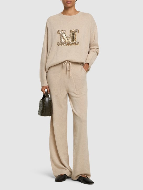 Max Mara: Rino wool knit wide jogger pants - Beige - women_1 | Luisa Via Roma