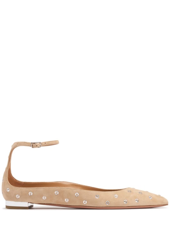 Aquazzura: 10mm Love Affair suede & crystal flats - Nude - women_0 | Luisa Via Roma