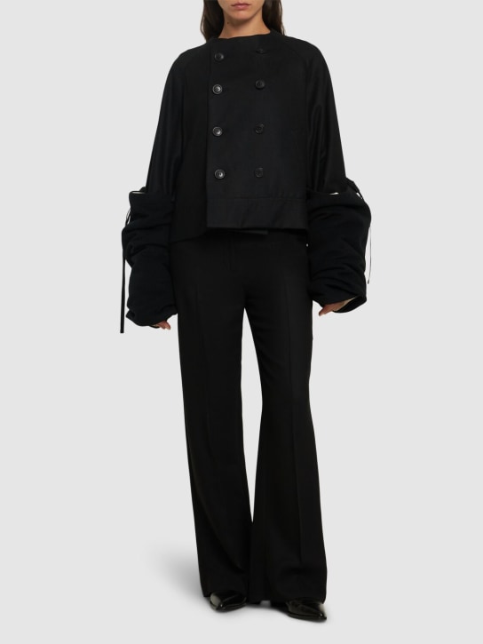 Yohji Yamamoto: Short peacoat w/ furry sleeves - Black - women_1 | Luisa Via Roma