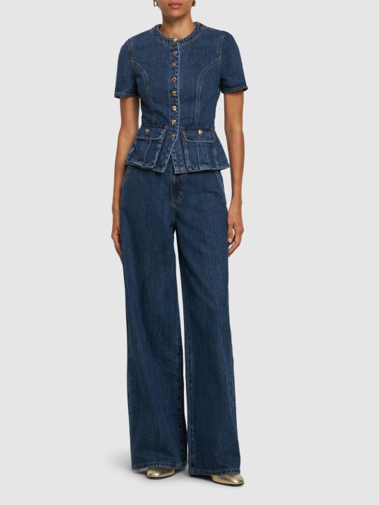 Self-portrait: Buttoned denim long jumpsuit - Blue - women_1 | Luisa Via Roma