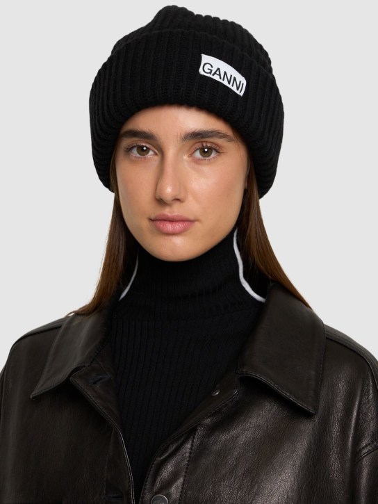 GANNI: Structured rib knit wool blend beanie - women_1 | Luisa Via Roma