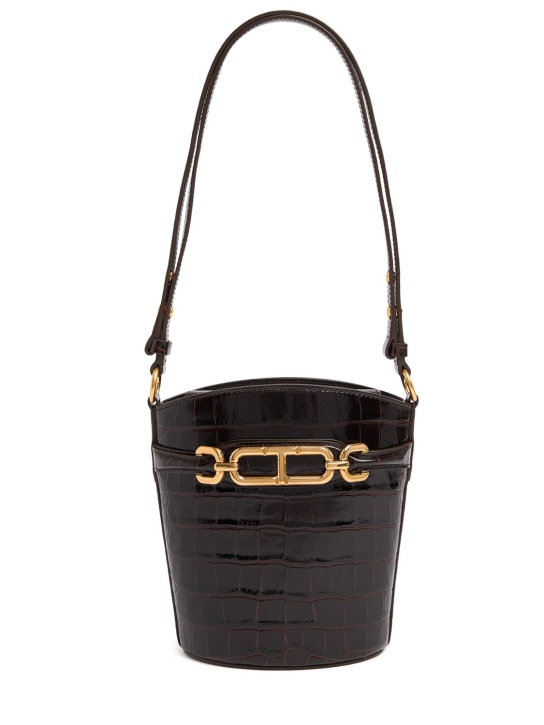 Tom Ford: Borsa a secchiello stampa coccodrillo lucida - Espresso - women_0 | Luisa Via Roma