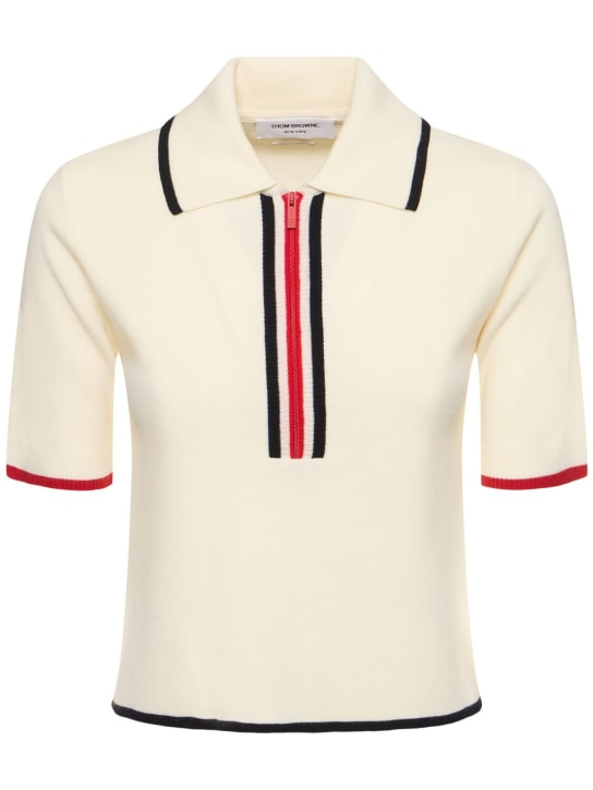 Thom Browne: Polo zippé en laine Milano - Blanc - women_0 | Luisa Via Roma