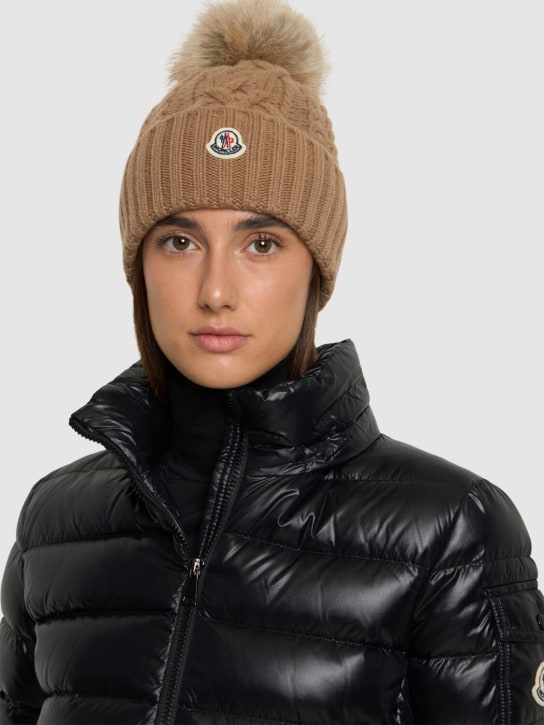 Moncler: Virgin wool blend beanie w/ pompom - Military Green - women_1 | Luisa Via Roma