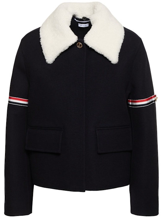 Thom Browne: Boiled wool jacket w/shearling collar - women_0 | Luisa Via Roma
