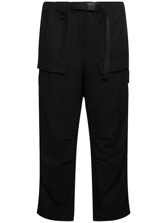 Y-3: Pantalones cargo de franela de lana con cinturón - Negro - men_0 | Luisa Via Roma