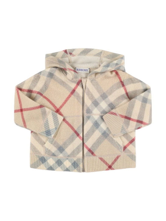 Burberry: Felpa in maglia di lana check con zip e cappuccio - kids-boys_0 | Luisa Via Roma